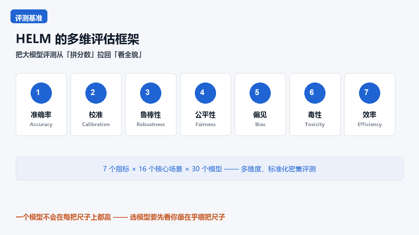 HELM 七维评估框架核心信息图